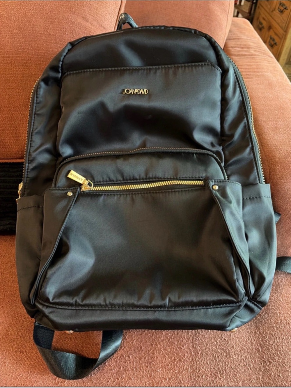 JOAN&DAVID Black Nylon Backpack with Gold Hardware
